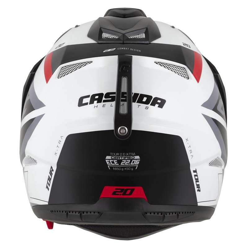Enduro šalmas "Cassida Tour 2.0 X-tra" baltai-raudonai-juodas su juodu matiniu skydeliu