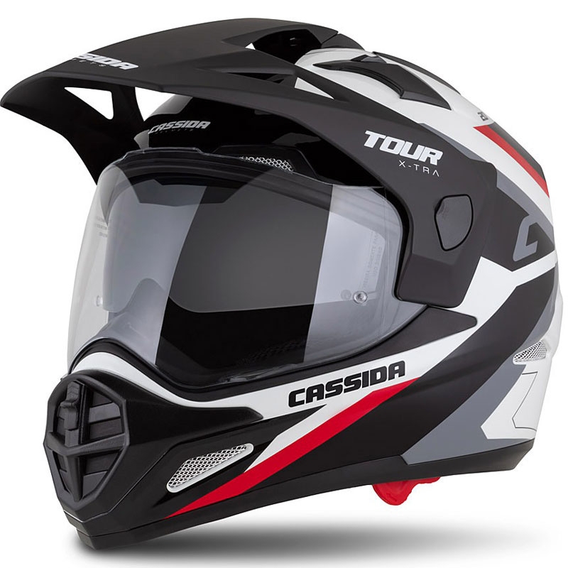 Enduro šalmas "Cassida Tour 2.0 X-tra" baltai-raudonai-juodas su juodu matiniu skydeliu