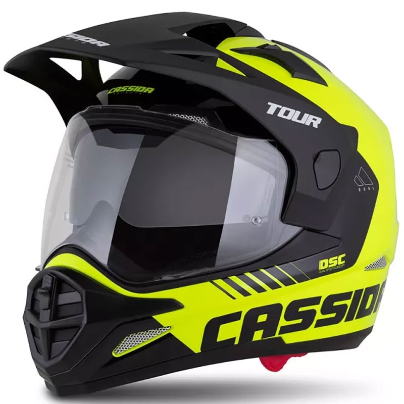 Enduro šalmas Cassida Tour 2.0 Dual fluo geltona-juoda su juodu matiniu skydeliu