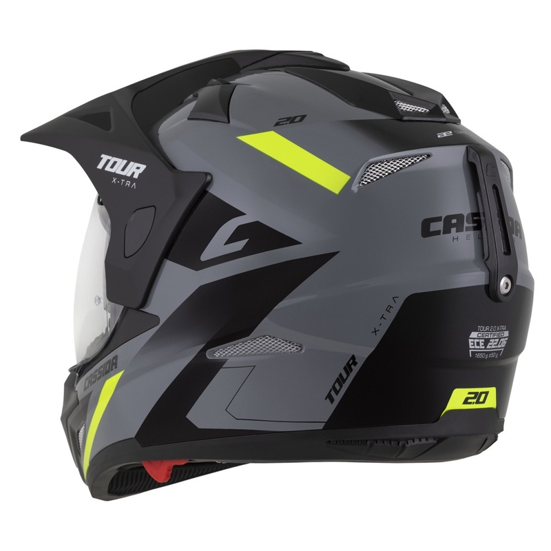 Enduro šalmas Cassida Tour 2.0 X-tra pilka-geltona-juoda su juodu matiniu skydeliu