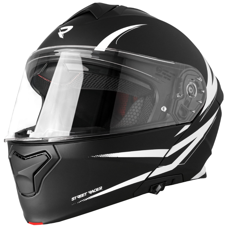 Apverčiamas motociklininko šalmas "Street Racer Fury" matinis juodai baltas