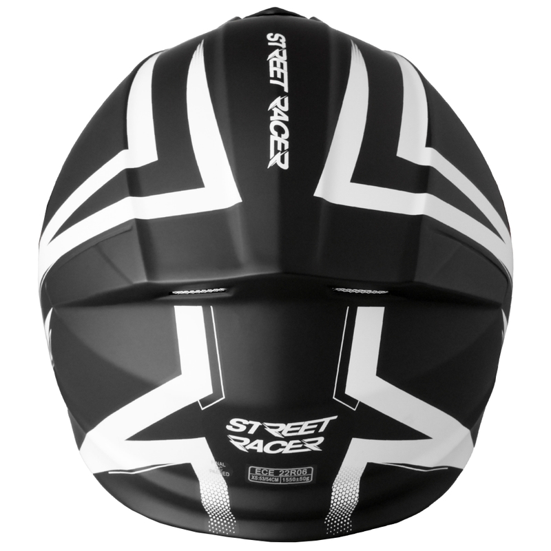 Apverčiamas motociklininko šalmas "Street Racer Fury" matinis juodai baltas
