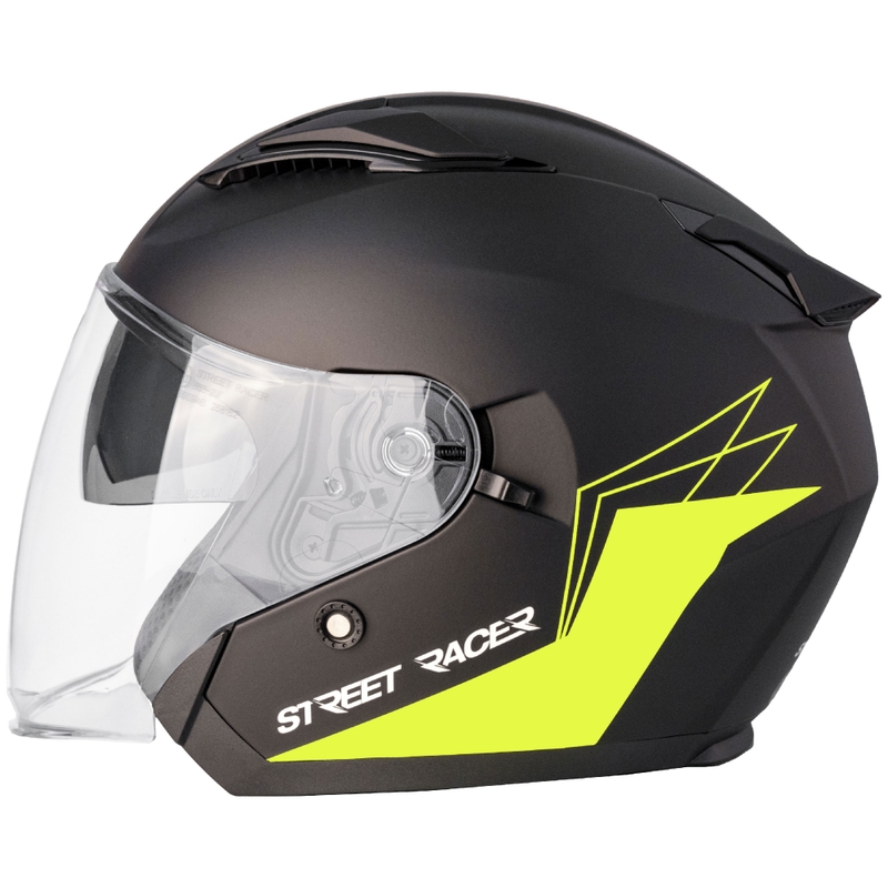 Atviras motociklininko šalmas Street Racer Sonic matinis juodas-fluo geltonas