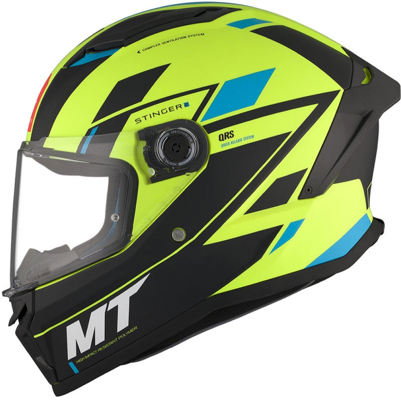 MT Stinger 2 Solid Zivze fluo žalia-juoda-mėlyna matinis integralus motociklininko šalmas