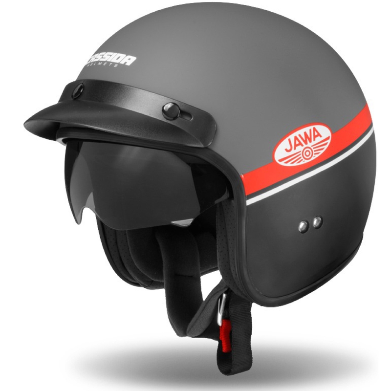 Atviras motociklininko šalmas Cassida Oxygen Jawa OHC pilka-raudona-juoda-balta