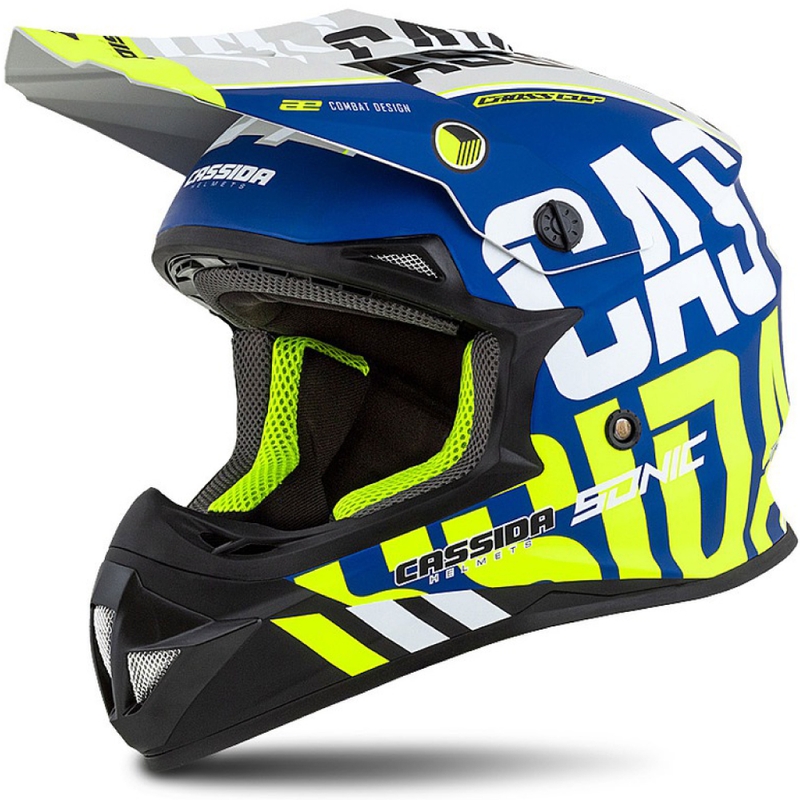 Motokroso šalmas Cassida Cross Cup Sonic fluo geltonai mėlynas matinis
