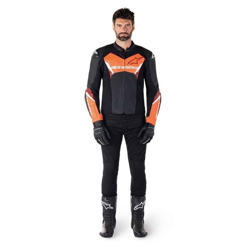 Alpinestars Faster 3 juoda-fluo raudona odinė motociklo striukė