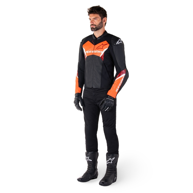 Alpinestars Faster 3 juoda-fluo raudona odinė motociklo striukė