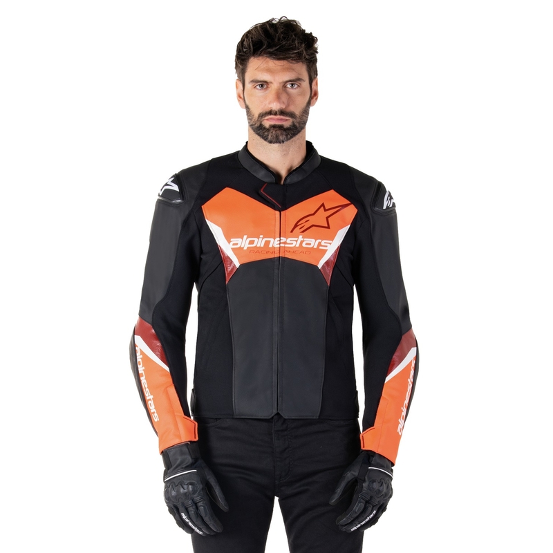 Alpinestars Faster 3 juoda-fluo raudona odinė motociklo striukė