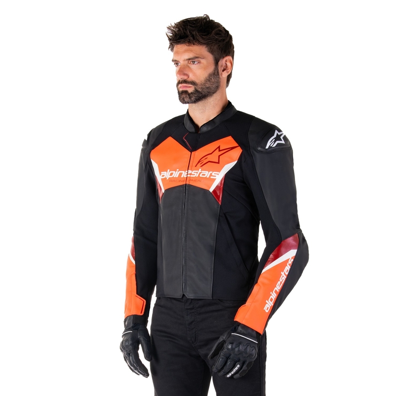 Alpinestars Faster 3 juoda-fluo raudona odinė motociklo striukė