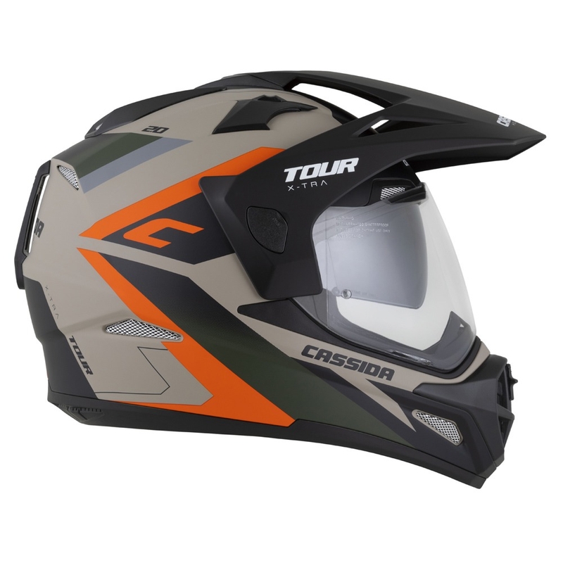Enduro šalmas Cassida Tour 2.0 X-tra matinis smėlio-oranžo-žalios-juodos spalvos