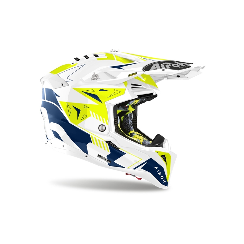 Motokroso šalmas Airoh Aviator 3 Spin geltonai mėlynas