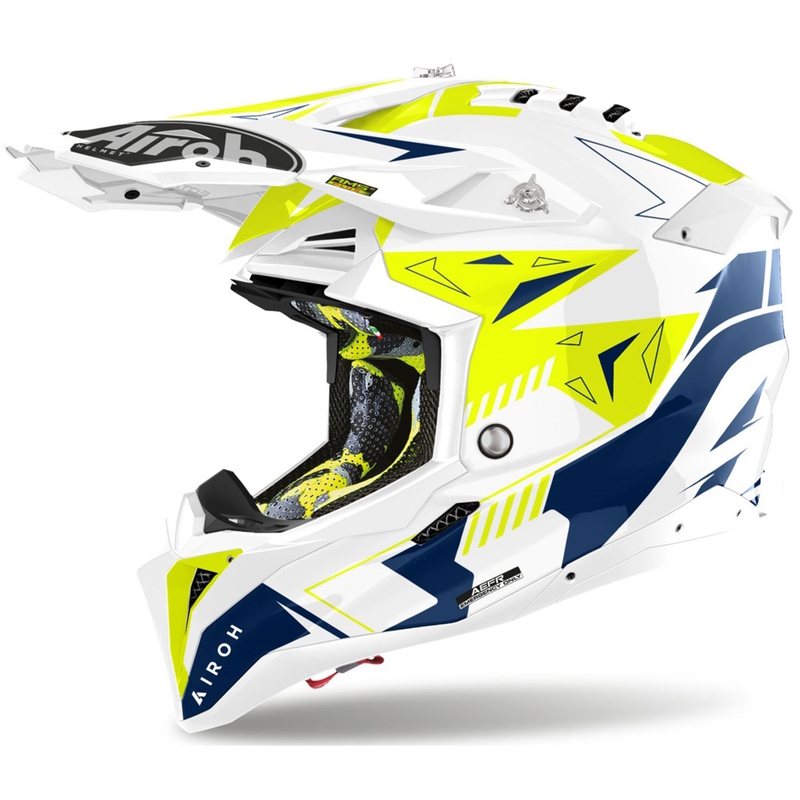 Motokroso šalmas Airoh Aviator 3 Spin geltonai mėlynas