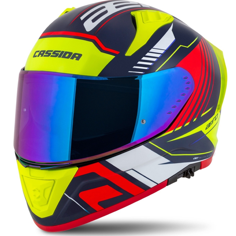 "Cassida Aero Drome" integralus motociklininko šalmas perlamutrinis mėlynas-geltonas-oranžinis-raudonas-baltas