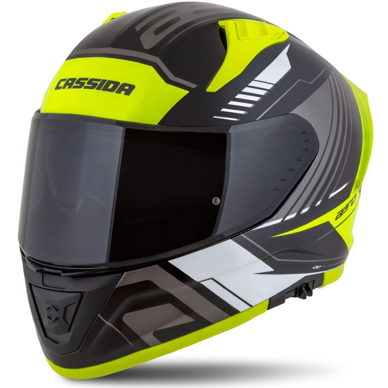 "Cassida Aero Drome" juodas-fluo geltonas-baltas-pilkas integralus motociklininko šalmas