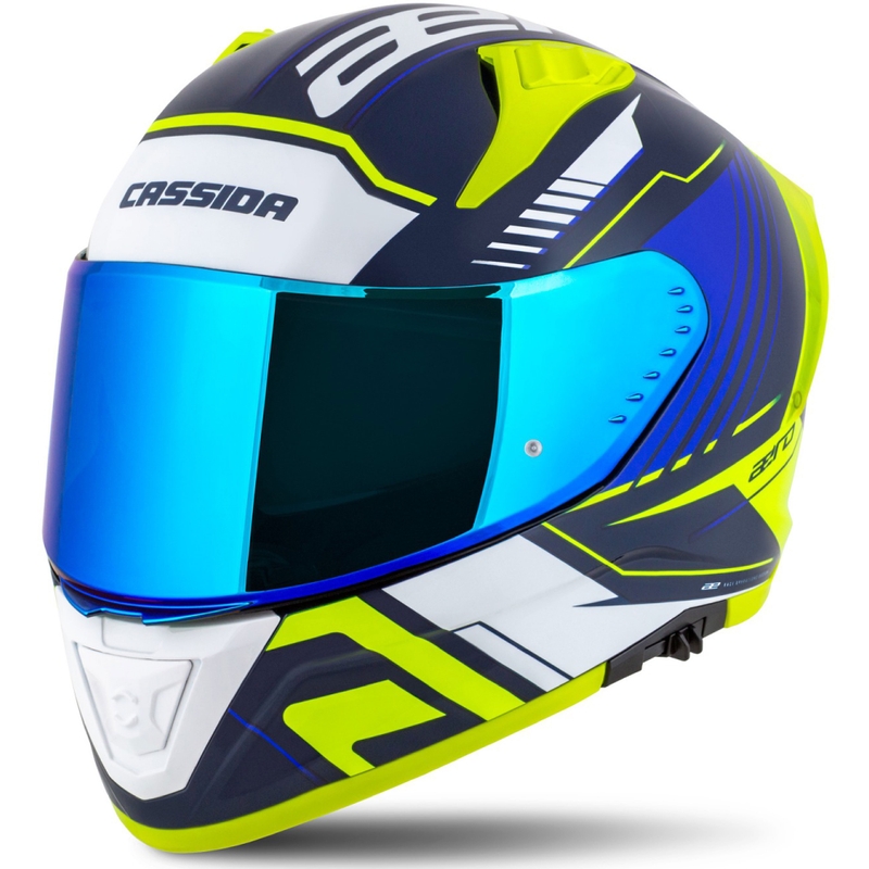 "Cassida Aero Drome" mėlynas-fluo geltonas-šviesiai mėlynas-baltas integralus motociklininko šalmas