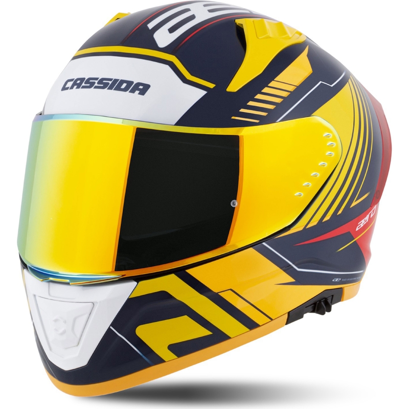"Cassida Aero Drome" integralus motociklininko šalmas mėlyna-fluo geltona-oranžinė-raudona-šviesiai mėlyna-balta