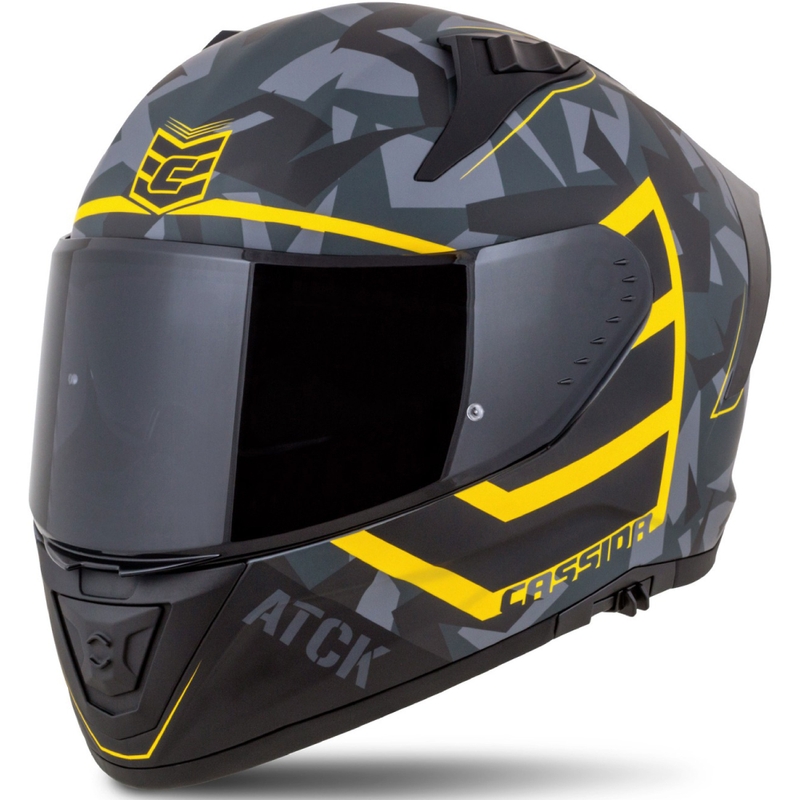 Integruotas motociklininko šalmas Cassida Aero camo pilkai-juodai-fluo geltonas
