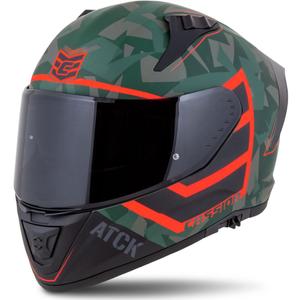 "Cassida Aero ATCK camo" žalias-juodas-juodas-pilkas-oranžinis integralus motociklininko šalmas