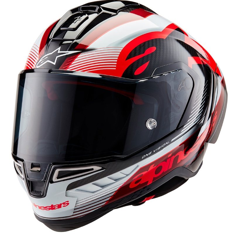 "Alpinestars Supertech R-10 Team" anglies raudonos ir baltos spalvos integralus motociklininko šalmas