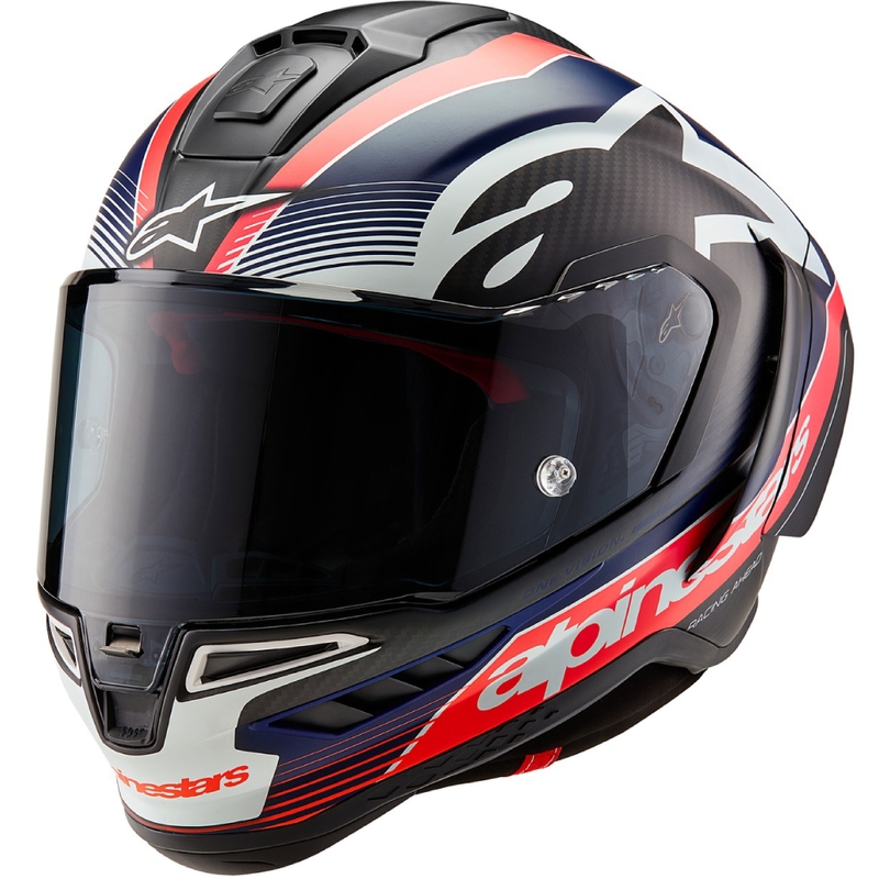"Alpinestars Supertech R-10 Team" anglies fluo raudonos-mėlynos-baltos spalvų matinis integralus motociklininko šalmas
