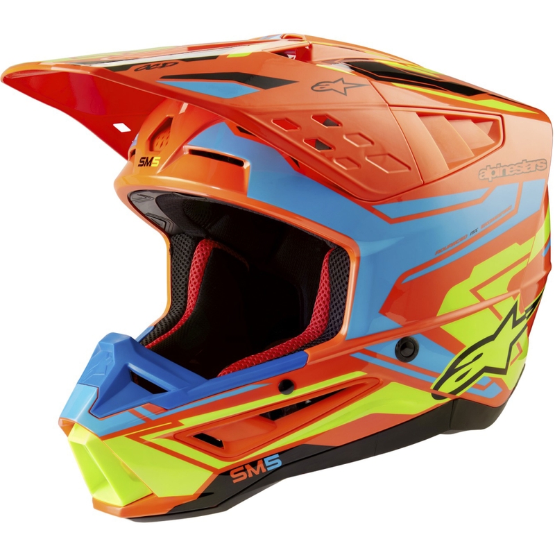 Alpinestars S-M5 Action 2 fluo oranžinis-šviesiai mėlynas-fluo geltonas motokroso šalmas