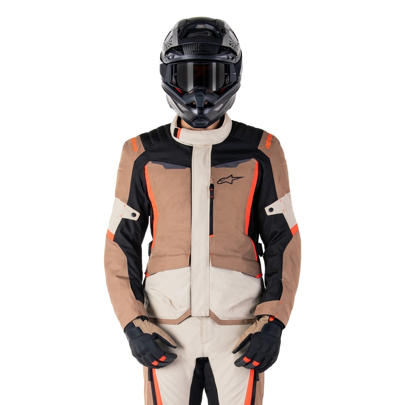 Alpinestars ST-1 neperšlampama chaki, smėlio, juodos ir fluoro raudonos spalvų motociklininko striukė