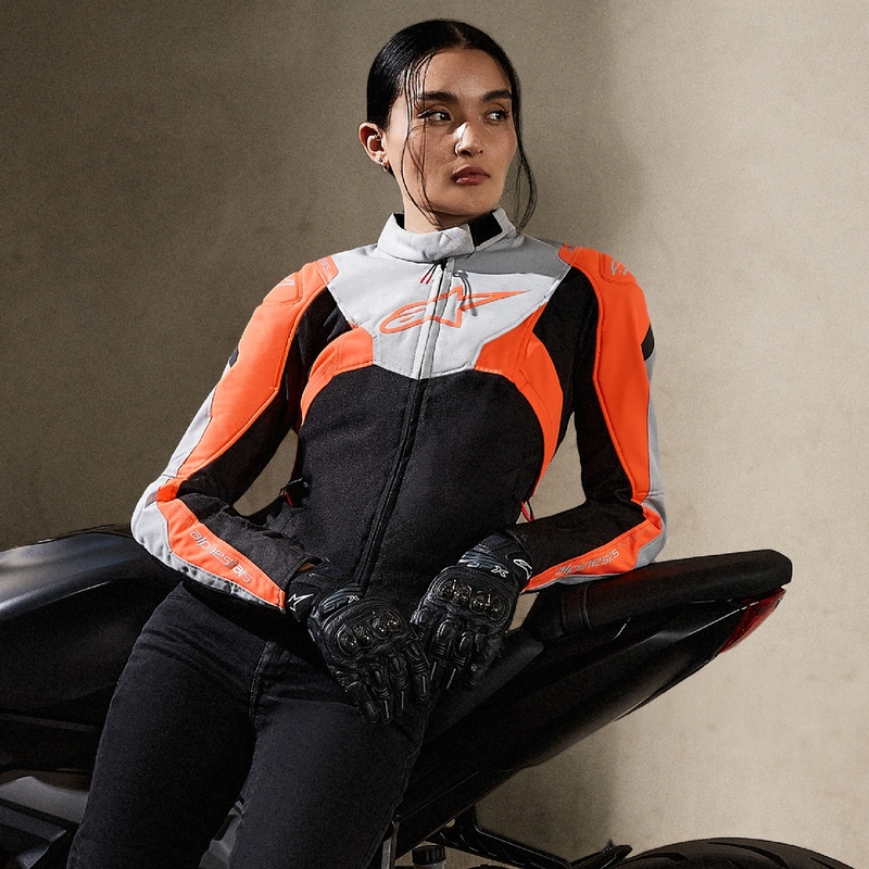"Alpinestars" moterų "Stella T-Jaws 4" neperšlampama juoda-pilka-fluo raudona motociklininko striukė