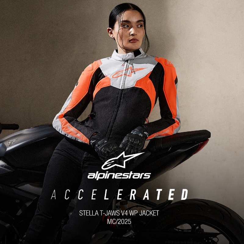 "Alpinestars" moterų "Stella T-Jaws 4" neperšlampama juoda-pilka-fluo raudona motociklininko striukė