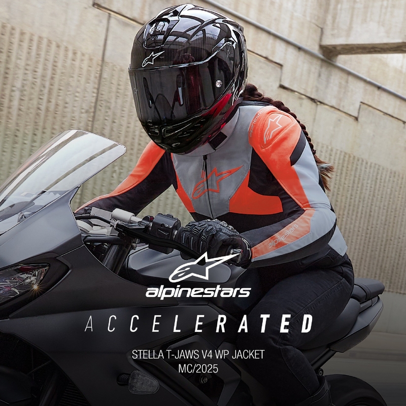 "Alpinestars" moterų "Stella T-Jaws 4" neperšlampama juoda-pilka-fluo raudona motociklininko striukė