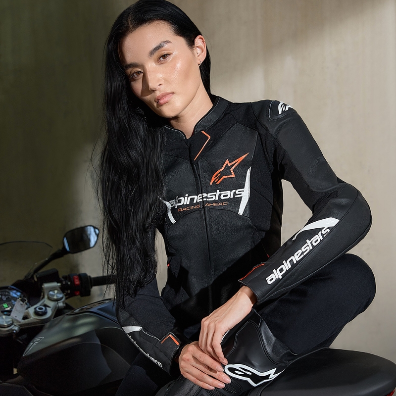 "Alpinestars Stella Faster 3" moteriška odinė motociklininko striukė juoda-balta-fluo raudona
