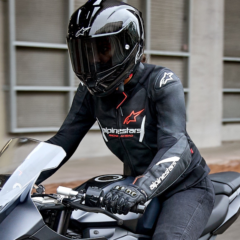 "Alpinestars Stella Faster 3" moteriška odinė motociklininko striukė juoda-balta-fluo raudona