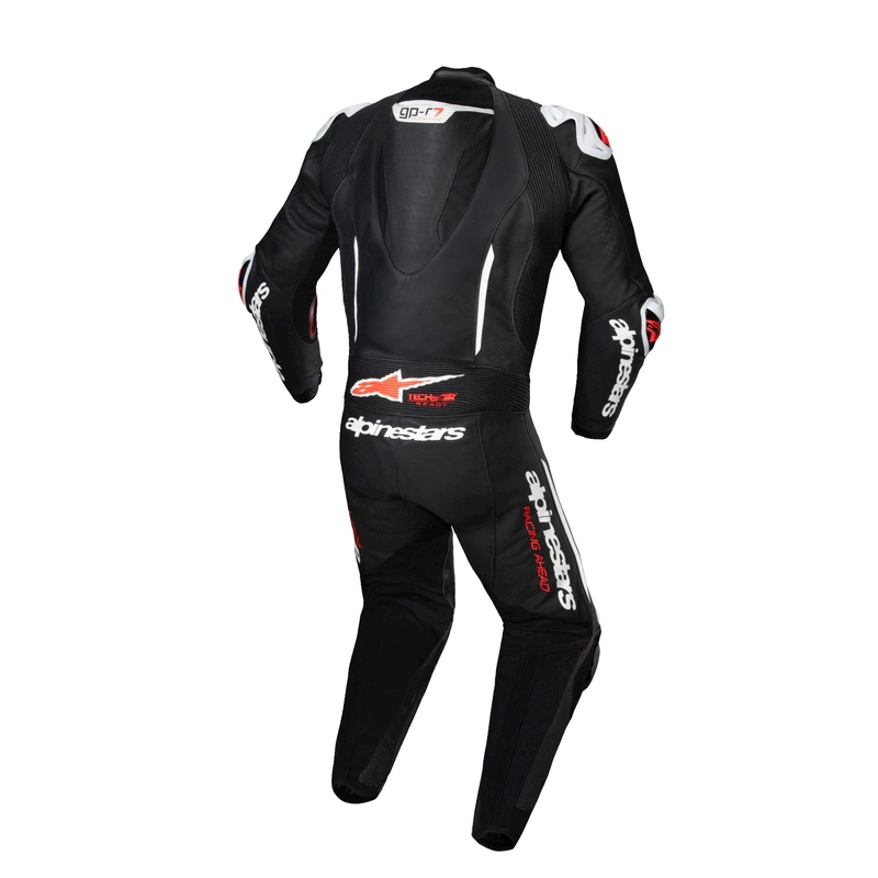 "Alpinestars GP-R7 Tech-Air" paruoštas / suderinamas juodai-baltai-fluo raudonas vientisas odinis motociklininko kostiumas