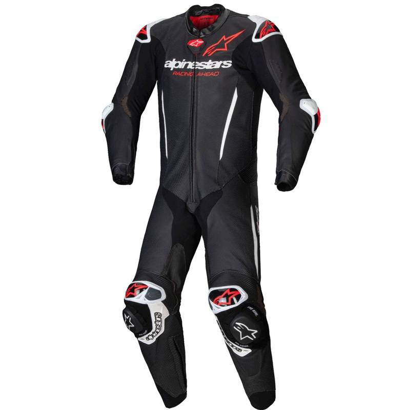"Alpinestars GP-R7 Tech-Air" paruoštas / suderinamas juodai-baltai-fluo raudonas vientisas odinis motociklininko kostiumas