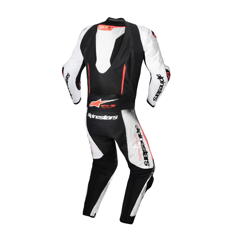 "Alpinestars GP-R7 Tech-Air" paruoštas/kombinuojamas baltai-juodai-fluo raudonas vientisas odinis kostiumas