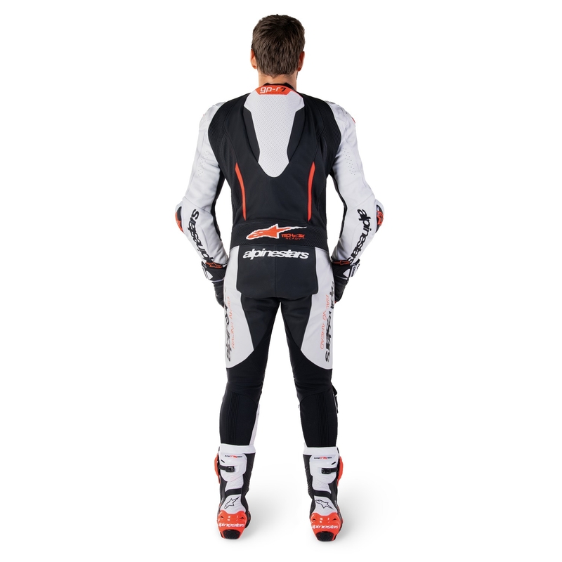 "Alpinestars GP-R7 Tech-Air" paruoštas/kombinuojamas baltai-juodai-fluo raudonas vientisas odinis kostiumas