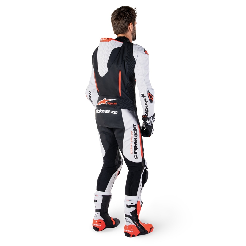 "Alpinestars GP-R7 Tech-Air" paruoštas/kombinuojamas baltai-juodai-fluo raudonas vientisas odinis kostiumas