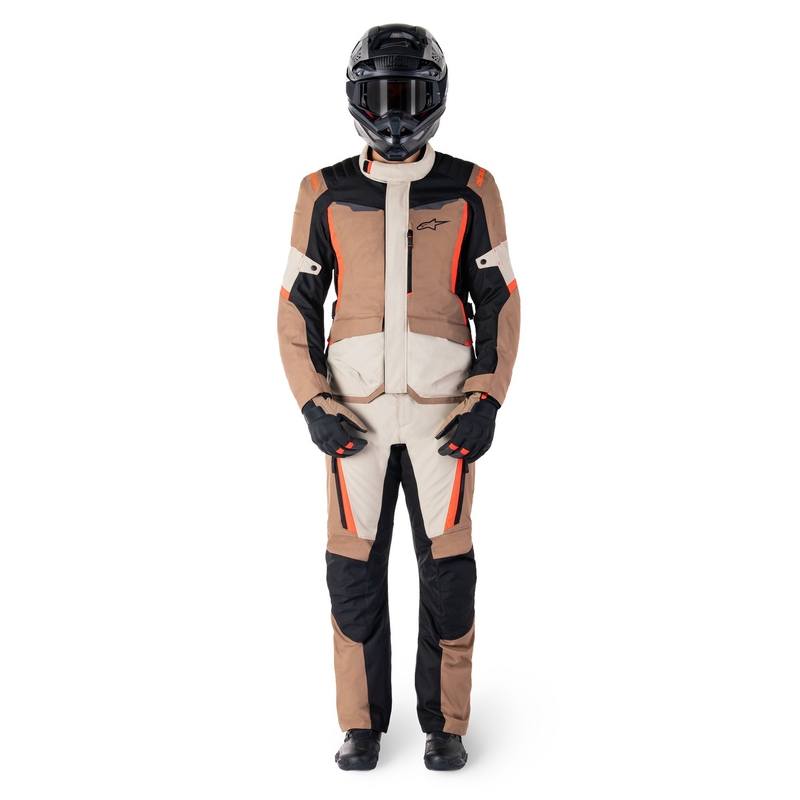 Alpinestars ST-1 Vandeniui atsparios chaki, smėlio, juodos ir fluoro raudonos spalvos motociklininko kelnės