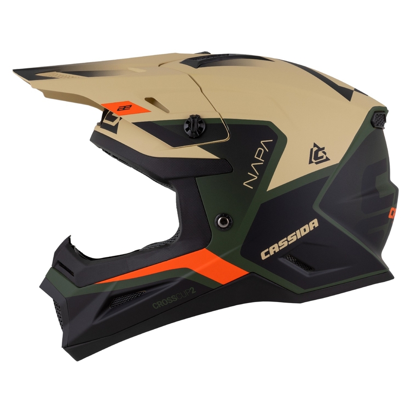 "Cassida Cross Cup 2 Napa" motokroso šalmas matinis smėlio-žalios-oranžinės-juodos spalvos