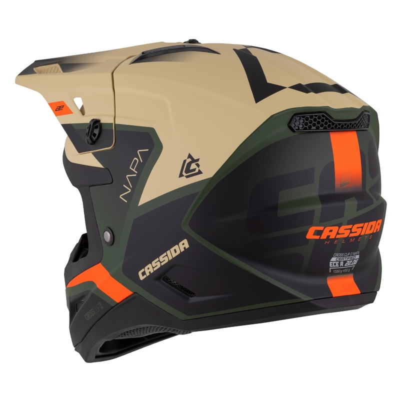 "Cassida Cross Cup 2 Napa" motokroso šalmas matinis smėlio-žalios-oranžinės-juodos spalvos