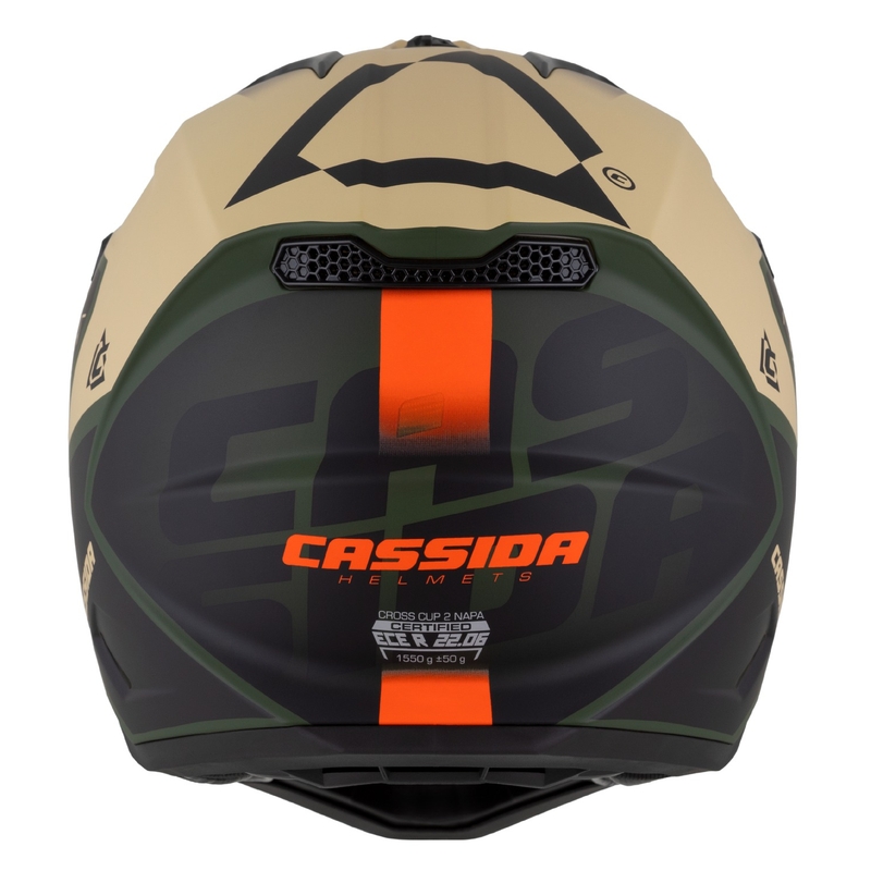 "Cassida Cross Cup 2 Napa" motokroso šalmas matinis smėlio-žalios-oranžinės-juodos spalvos