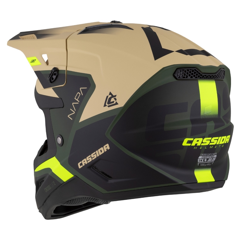 Motociklininko motociklininko šalmas Cassida Cross Cup 2 Napa matinis smėlio-žalios-fluo geltonos-juodos spalvos