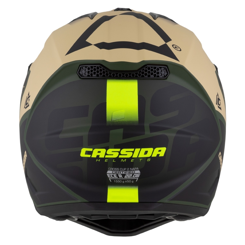 Motociklininko motociklininko šalmas Cassida Cross Cup 2 Napa matinis smėlio-žalios-fluo geltonos-juodos spalvos