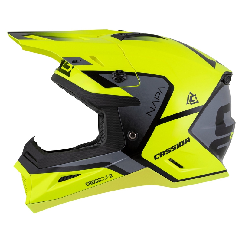 "Cassida Cross Cup 2 Napa" fluo geltonai-juodai-perlamutrinis pilkas motokroso šalmas