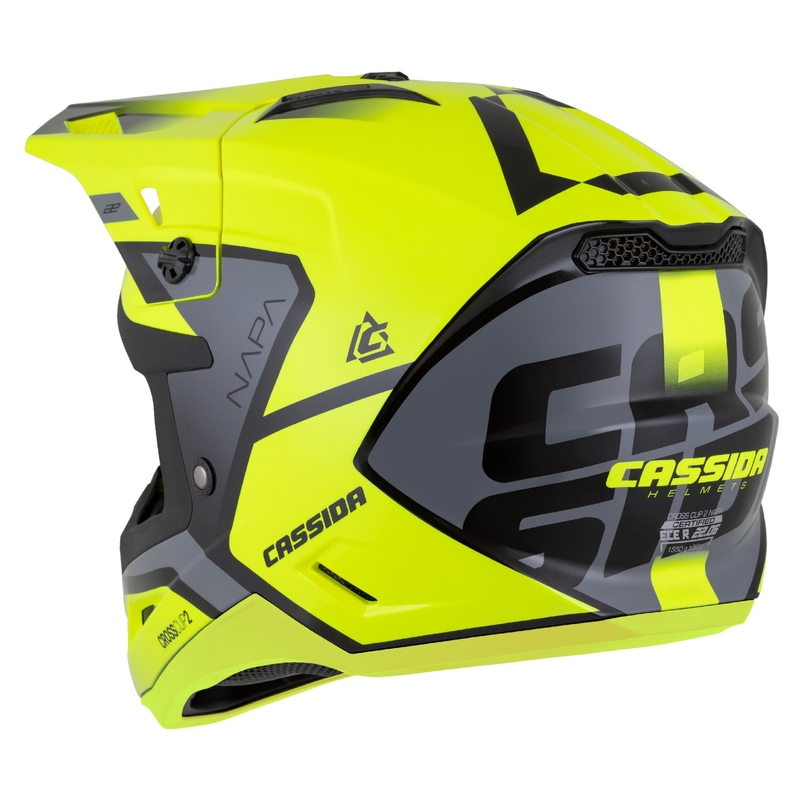 "Cassida Cross Cup 2 Napa" fluo geltonai-juodai-perlamutrinis pilkas motokroso šalmas