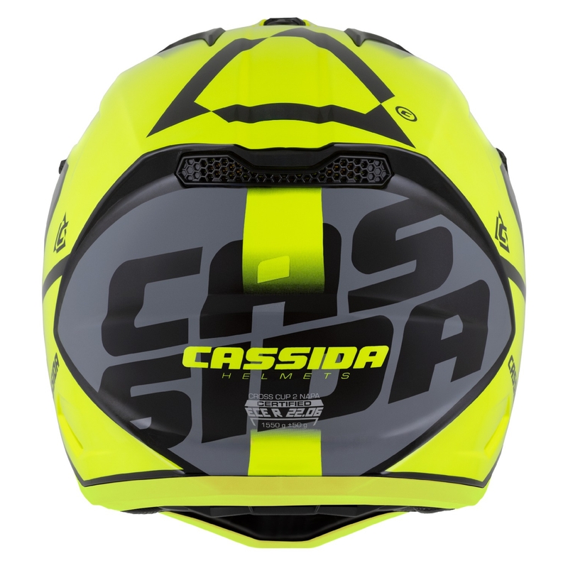 "Cassida Cross Cup 2 Napa" fluo geltonai-juodai-perlamutrinis pilkas motokroso šalmas