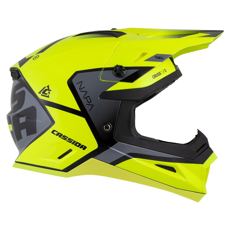 "Cassida Cross Cup 2 Napa" fluo geltonai-juodai-perlamutrinis pilkas motokroso šalmas
