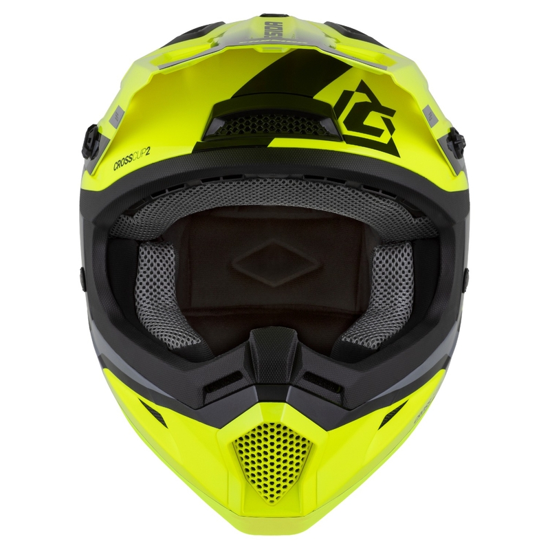 "Cassida Cross Cup 2 Napa" fluo geltonai-juodai-perlamutrinis pilkas motokroso šalmas