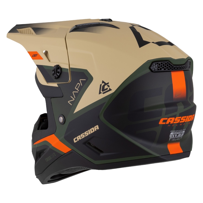 Vaikiškas motokroso motociklininko šalmas Cassida Cross Cup 2 Napa matinis smėlio-žalios-oranžinės-juodos spalvos