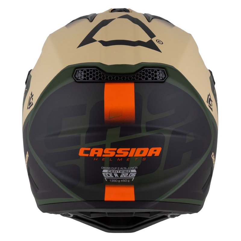 Vaikiškas motokroso motociklininko šalmas Cassida Cross Cup 2 Napa matinis smėlio-žalios-oranžinės-juodos spalvos